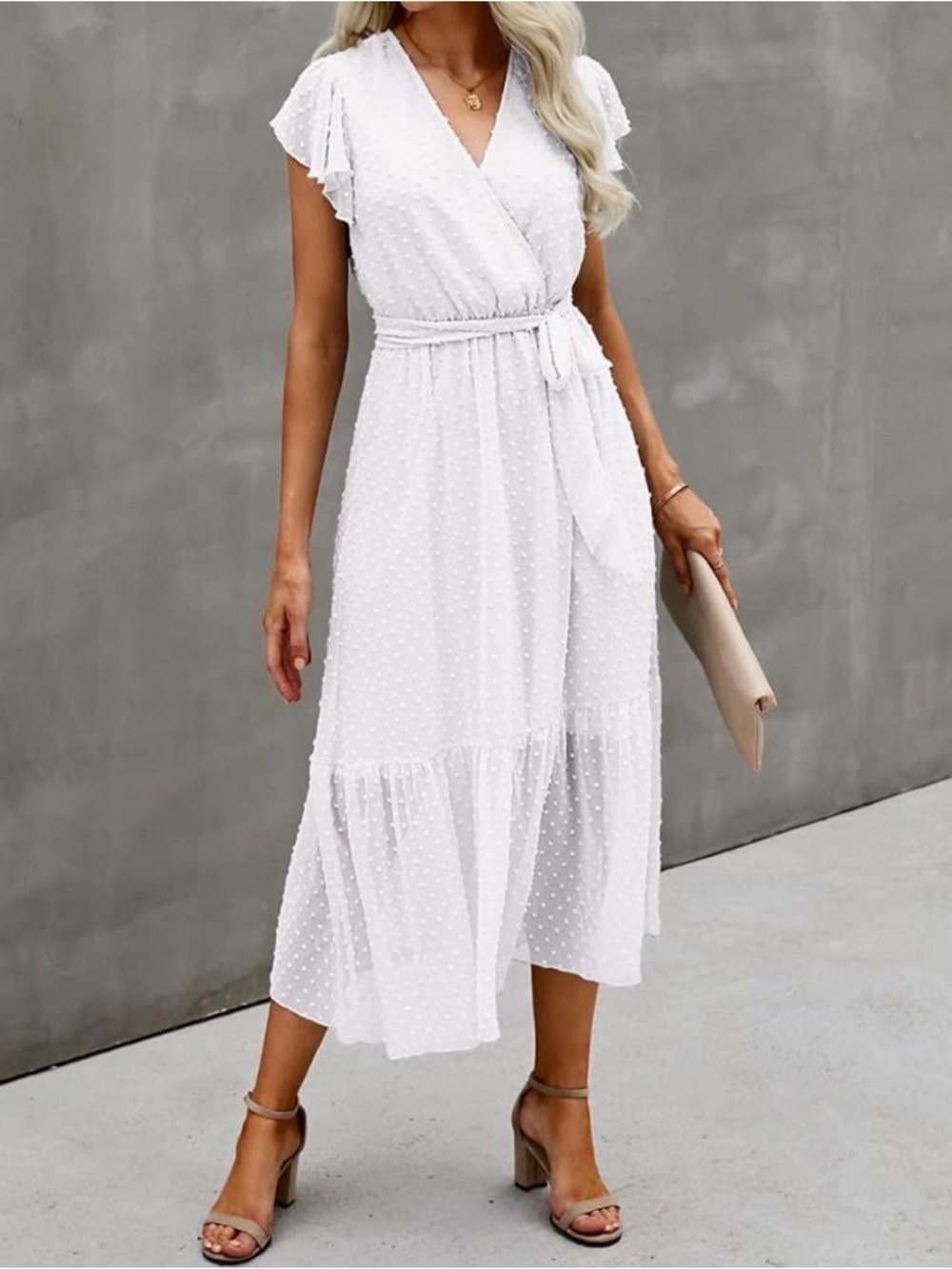 Classic White Swiss Dot Wrap Midi Dress